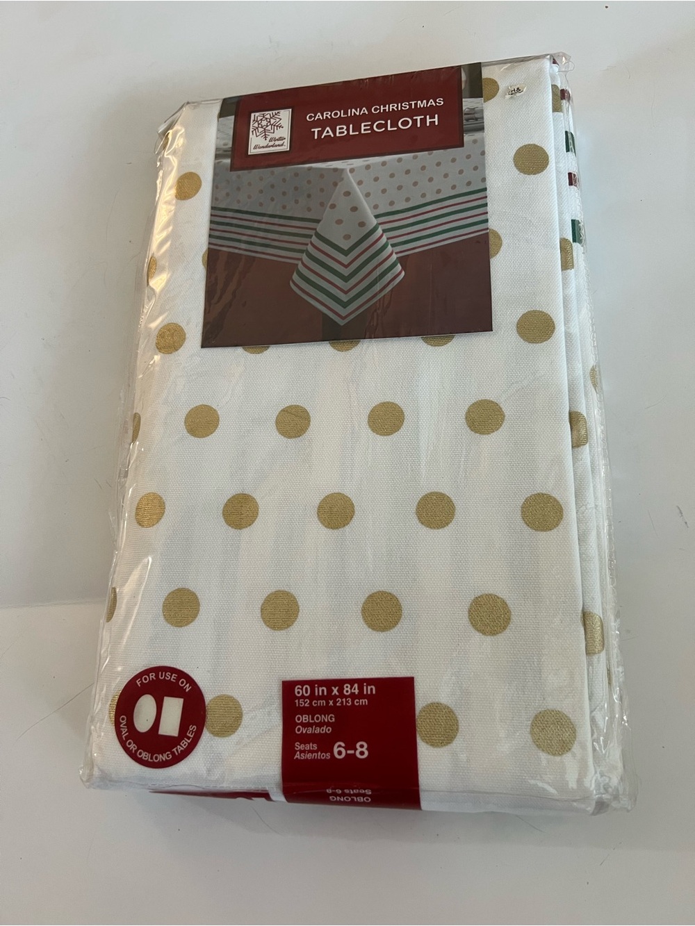 Carolina Christmas TableCloth  SZ 60x84 with 8 napkins White and Gold